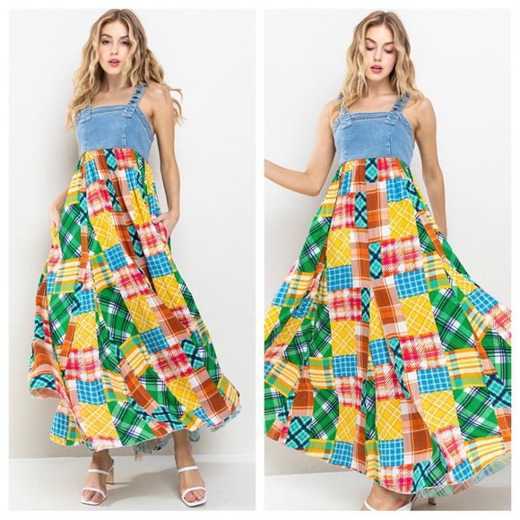 ShopEvelynne Dresses & Skirts - Denim Multi Fabric Pleated Suspender Maxi Dress